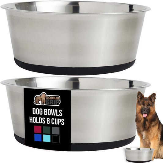 GORILLA GRIP Set of 2 Dog Bowls, Holds 8 Cups (64 fl oz), Heavy Duty Metal Food and Water Bowl for Feeding Dogs and Cats, Dishwasher Safe, Rust Resistant Stainless Steel, BPA Free Rubber Base, Black