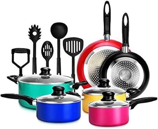 NutriChef 15-Piece Colorful Nonstick Kitchen Cookware Set | Heat Resistant Lacquer Kitchen Ware Pots and Pans Set w/Saucepot, Frying Pans, Pots, Oven Pot, Lids, Utensil