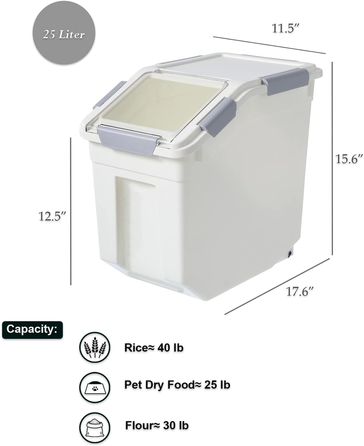 HANAMYA 25 Liter / 40 lbs Rice Storage Container with Measuring Cup, BPA free, For Rice | Grain | Pet Food | Flour, 1 count, White