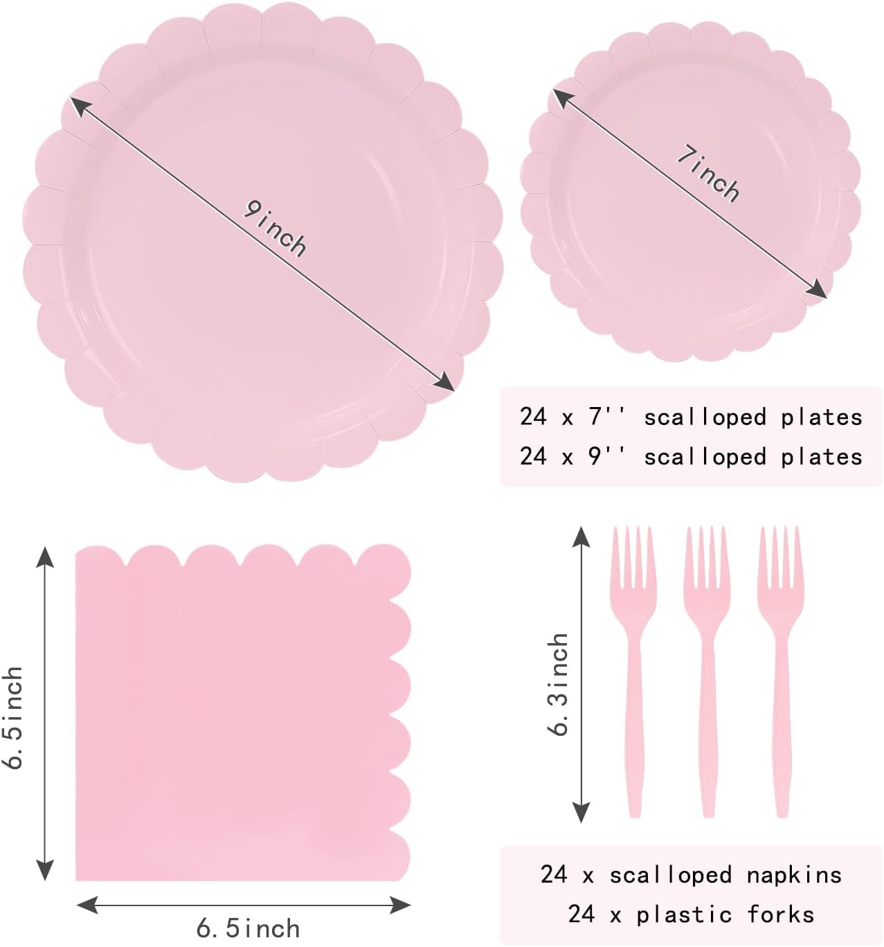 96 Pcs Light Pink Plates and Napkins Party Supplies Serve 24 Guests Including Pink Scalloped Paper Plates and Napkins Plastic Forks for Baby Shower Birthday Party Disposable Dinnerware Set