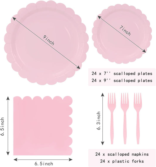 96 Pcs Light Pink Plates and Napkins Party Supplies Serve 24 Guests Including Pink Scalloped Paper Plates and Napkins Plastic Forks for Baby Shower Birthday Party Disposable Dinnerware Set
