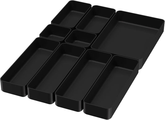 9 Pcs Stackable Drawer Organizer Trays Set, Multifunctional Stackable Storage Trays for Vanity, Bathroom, Kitchen, Desk Drawer Organizer Office. Plastic Drawer Organizers Available In 5 Colours, Black
