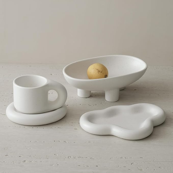 WENSHUO Chubby Funny Coffee Mug, Novelty Cute Cup and Saucer, Matte Crème, 9 oz (Nacre White)