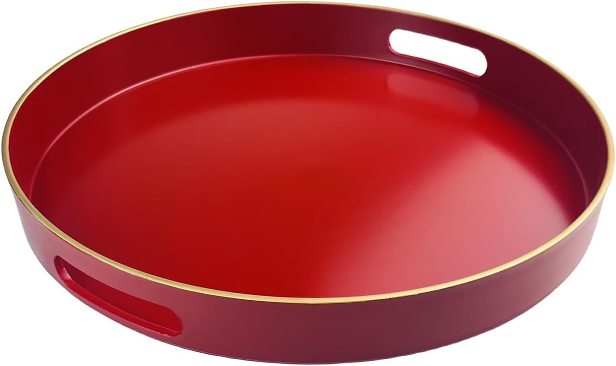 Red Decorative Tray, Serving Tray with Handles, Round Decorative Tray for Coffee Table, 13 Inch Plastic Tray for Ottoman, Living Room, Bathroom, Home Decor.