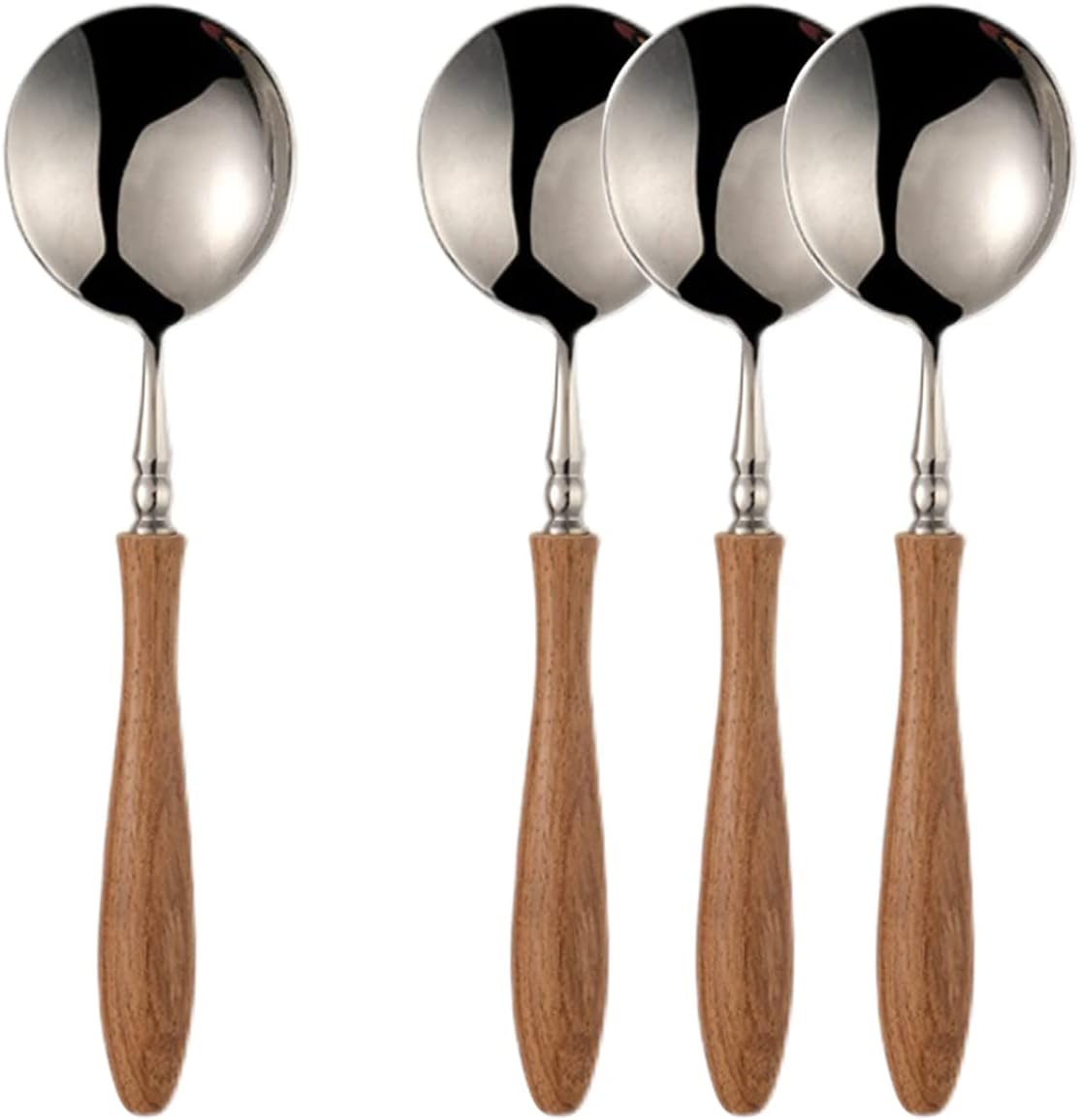 Soup Spoons, 4 pieces 18/8 Stainless Steel Round Spoons Dinner Spoons with Wood Handle, Flatware Silverware Eating Utensils Table Spoons for Home Kitchen, Mirror Polish, 7.28-Inch