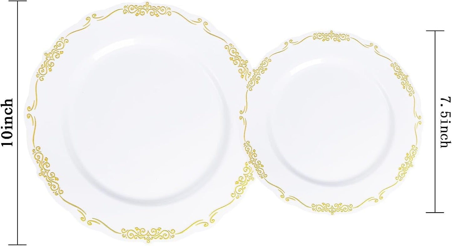 U-QE 100PCS Gold Plastic Disposable Plates - Heavy Duty White and Gold Plates Including 50PCS 10'' Dinner & 50PCS 7.5'' Dessert Plates Perfect for Upscale Party, Wedding