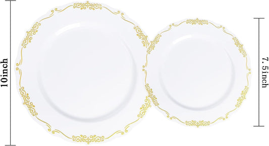 U-QE 100PCS Gold Plastic Disposable Plates - Heavy Duty White and Gold Plates Including 50PCS 10'' Dinner & 50PCS 7.5'' Dessert Plates Perfect for Upscale Party, Wedding