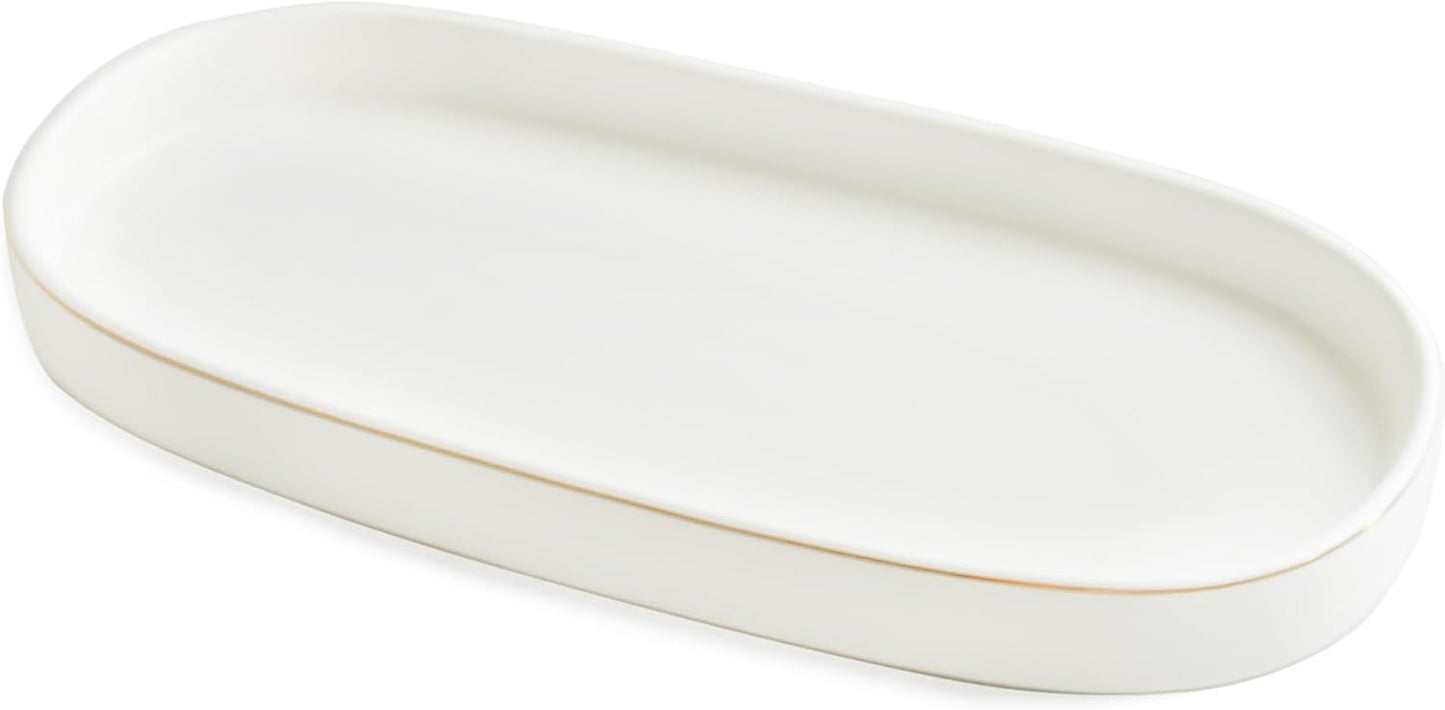 10x5 Bathroom Vanity Tray, Oval Ceramic Decorative Perfume Candle Tray for Bathroom/Kitchen Counter, White