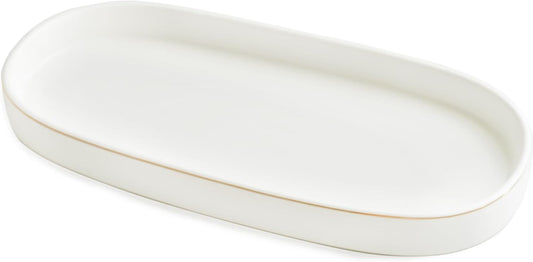 10x5 Bathroom Vanity Tray, Oval Ceramic Decorative Perfume Candle Tray for Bathroom/Kitchen Counter, White