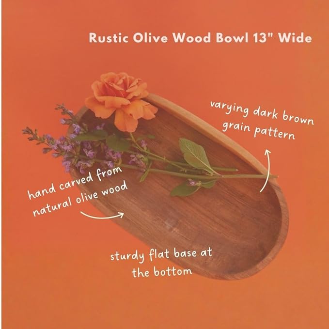 Rustic Olive Wood Bowl with Servers, Serving Dish for Salad, Pasta, Fruit, Kitchen Countertop Decor, Handcarved, 13 Inch Wide, Oval Shape, 3pcs