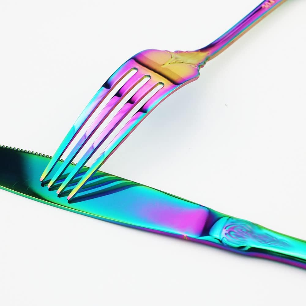 JASHII 4-Piece Multicolour Palace Cutlery Set Silverware Set, Mirror Polished, Stainless Steel Flatware Cutlery Eating Utensils Service for 1, Unique Elegant Pattern, Dishwasher Safe (Rainbow)