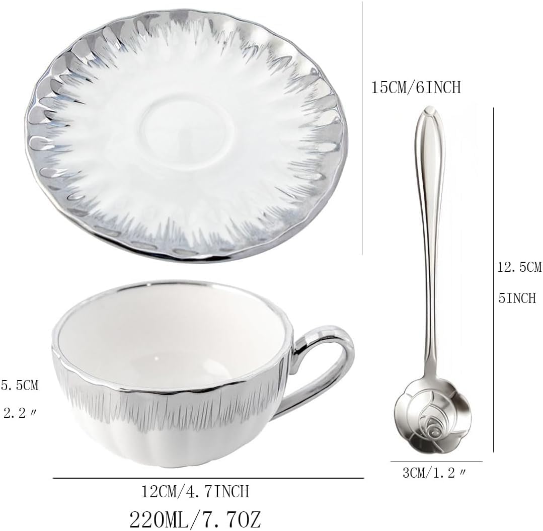 6 Teacups Tea Tray Spoon Set, 6oz with Galvanized Gold Rim and Gift Box, Ceramic White English Coffee Teacup (silver, Large)