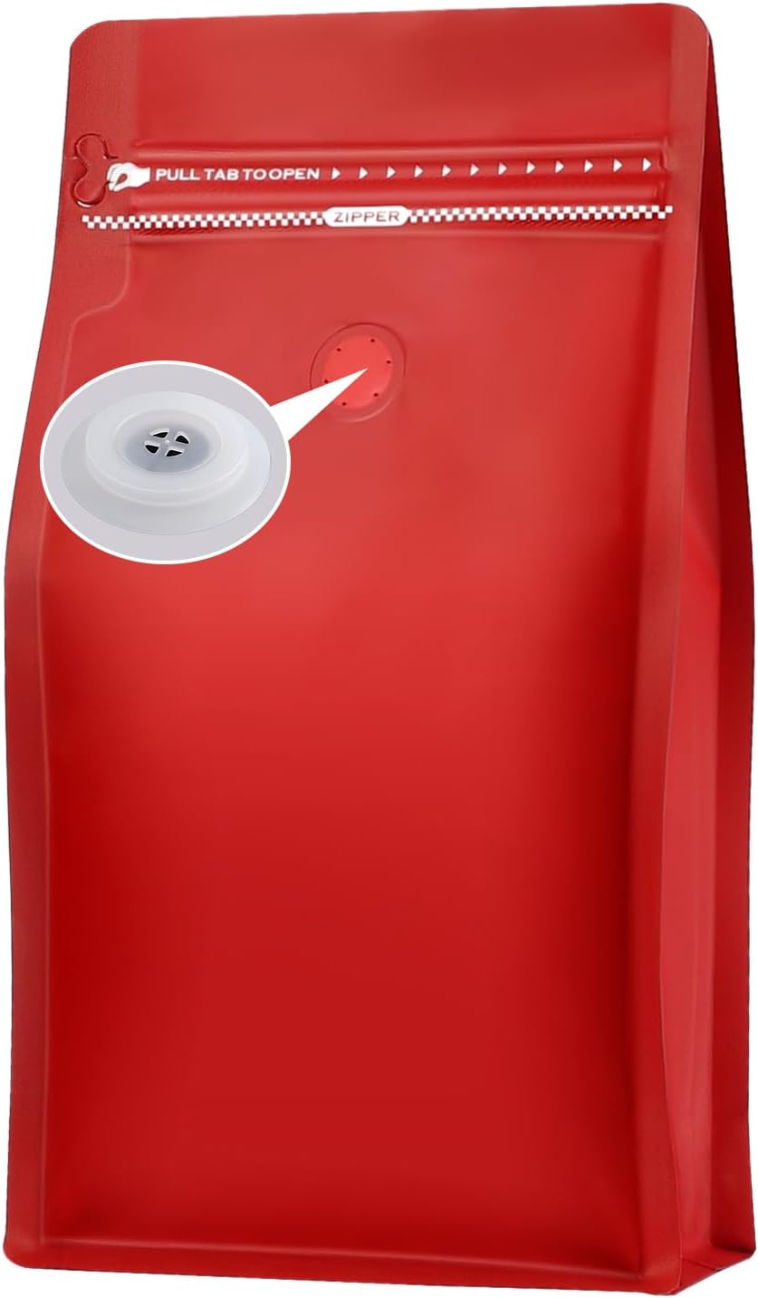 REMTAP Coffee Bags with Valve（50pcs,1lb,16oz) Red High Barrier Aluminumed Foil Flat Bottom Standing Coffee Beans Storage Bags,Reusable Heat Sealable Side Zipper Pouches for Home or Store