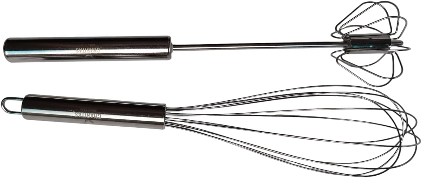 12'' Egg Whisk Combo - Stainless Steel Manual Balloon whisk and Semi-Automatic Whisk, Egg Beater, Hand Push Rotary - Mixing, Frothier, Stirring baking/beating eggs, Durable, Easy-Grip/Heat-Resistant.