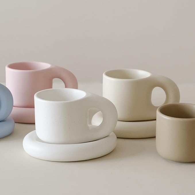 WENSHUO Chubby Funny Coffee Mug, Novelty Cute Cup and Saucer, Matte Crème, 9 oz (Matte Soft Pink)