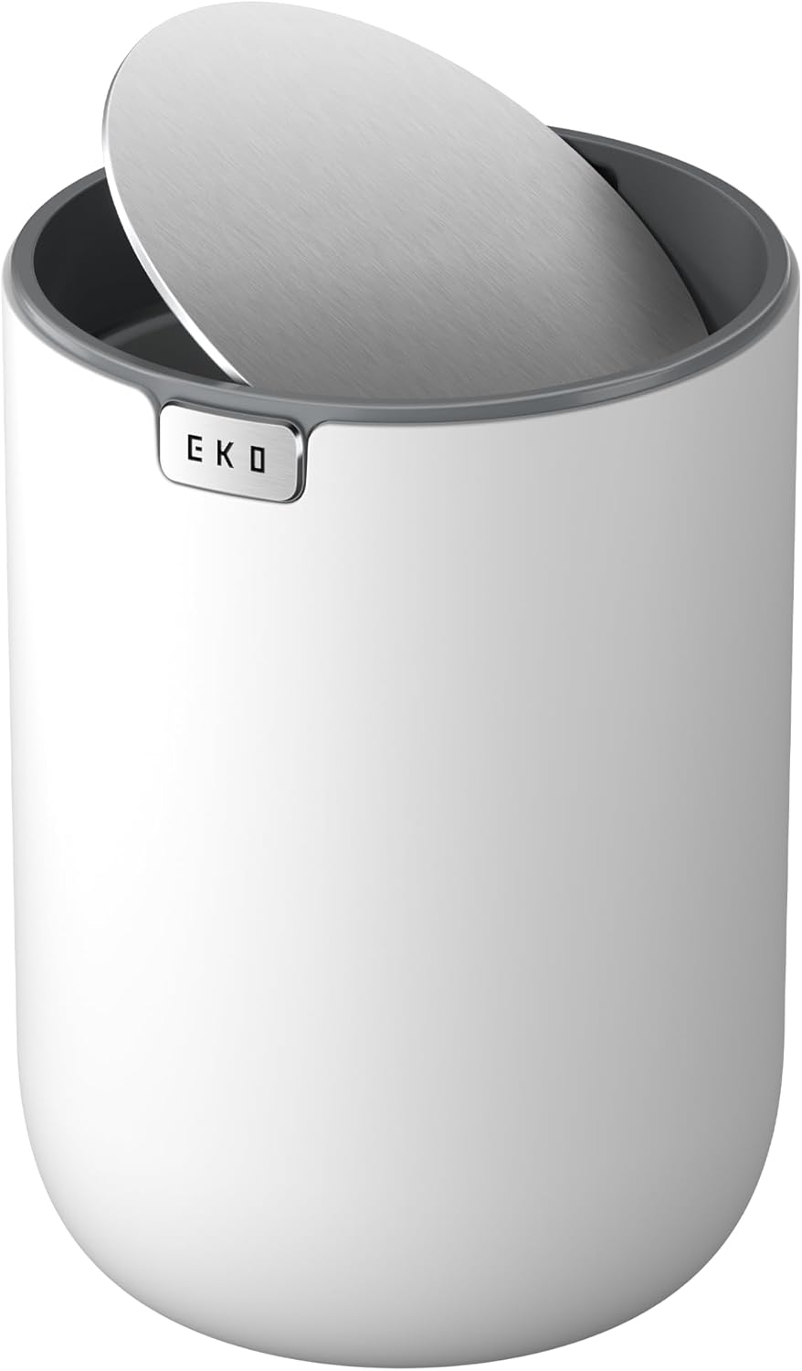 EKO Fandy 0.58 Gal/2.2L Mini Trash Can with Lid, Swing-Top Desktop Trash Can for Bathroom, Countertop, Vanity, Desk or Office, Small Garbage Bin (White)