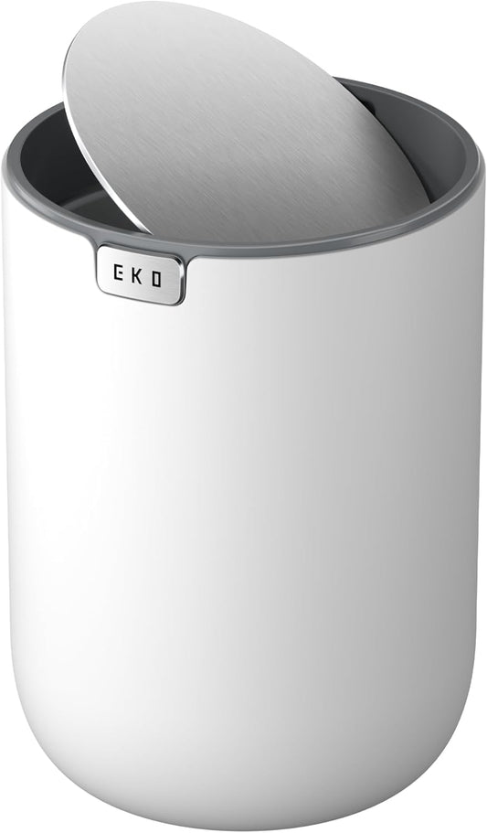 EKO Fandy 0.58 Gal/2.2L Mini Trash Can with Lid, Swing-Top Desktop Trash Can for Bathroom, Countertop, Vanity, Desk or Office, Small Garbage Bin (White)