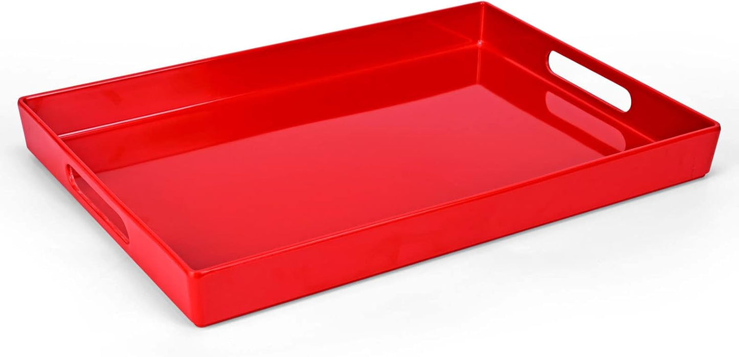 Serving Tray with Handles-10x15Inch Red Melamine Modern Serving Platters,Serving Wine,Coffee,Breakfast/Kitchen Countertop Tray/Makeup Drawer Organizer/Vanity Table Tray/Decorative Tray