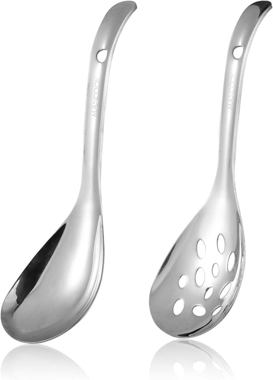 2 Pcs 18/8 Stainless Steel Slotted Spoon Soup Ladle, Kitchen Utensils for Cooking Serving Straining, 9 Inch Cooking Skimmer & SUS 304 Serving Spoons, Ideal for Hot Pot, Salad, Rice, Pasta