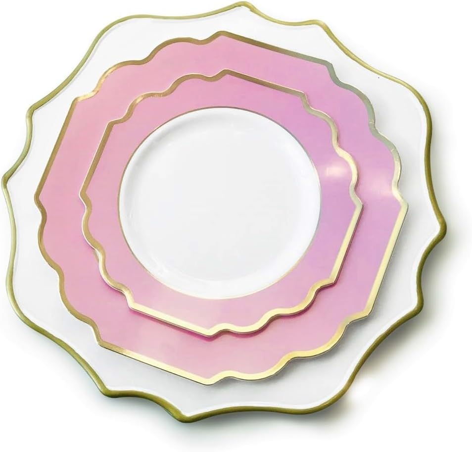 " OCCASIONS " 120 Plates Pack,(60 Guests) Heavyweight Premium Wedding Party Disposable Plastic Plates Set -60 x 10.5'' Dinner + 60 x 8'' Salad/Dessert(Imperial in Light Pink & Gold)