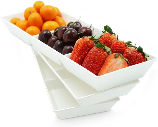 Divided Serving Tray Platter, 3 Pack 15" x 5" Fruit Veggie Food Tray for Party, Plastic Serving Trays for Appetizer, Snack, Dessert, Cookie, Brunch Decorations Platters, White Trays BPA-Free