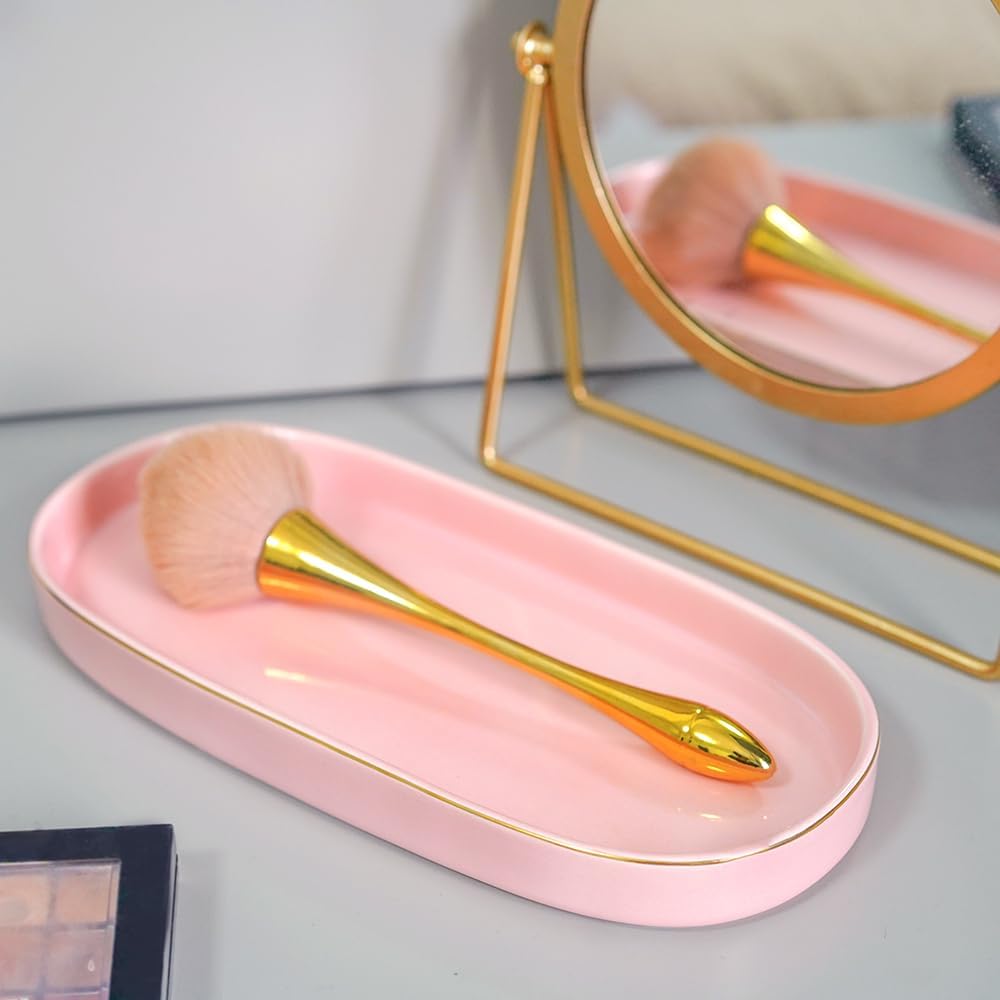 10x5 Bathroom Vanity Tray, Oval Ceramic Decorative Perfume Candle Tray for Bathroom/Kitchen Counter, Pink