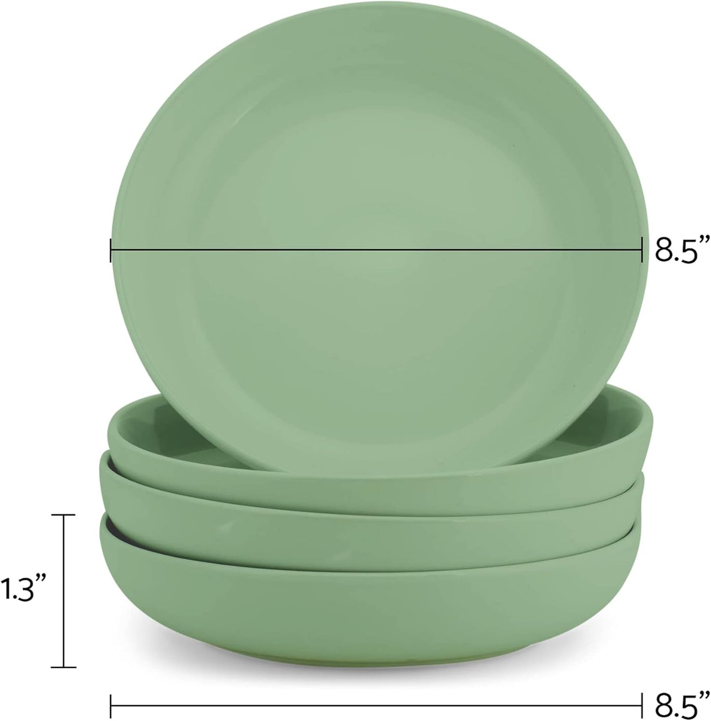 Elanze Designs Bistro Glossy Ceramic 8.5 inch Shallow Pasta Dinner Bowls Set of 4 - Perfect for Everyday uses from Italian Style Pasta to Caesar Salad, and Ramen to Pho, Sage Green