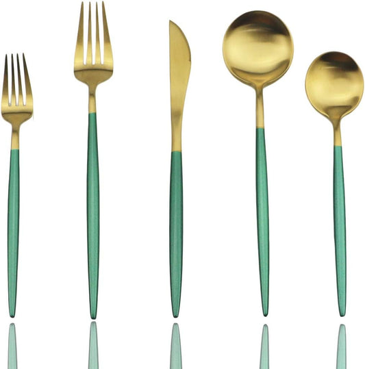 JASHII Silverware Sets, 5-Piece Green Flatware 18/10 Stainless Steel Heavy Weight Forged Cutlery Eating Utensils Forks Spoons Knives Set Tableware Service for 1 Matte Finished (Green & Gold)