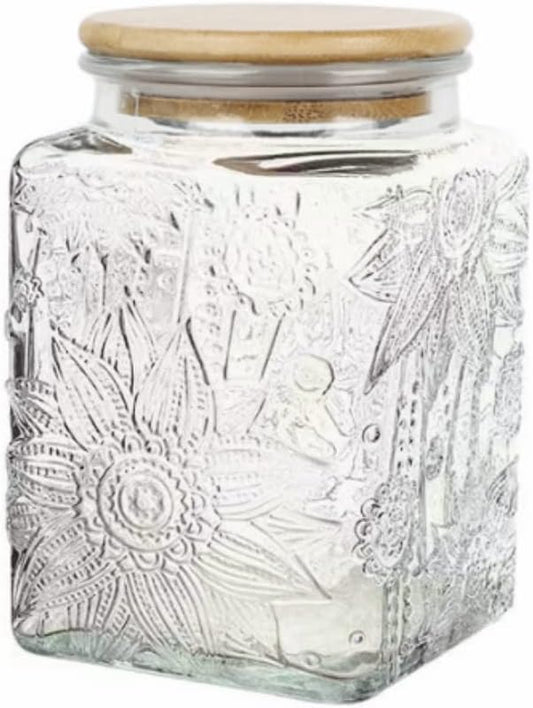 Vintage Glass Jar, 25.3 FL OZ Food Storage Container, Square Glass Jar with Lid, Decorative Jar for Home Kitchen Coffee, Tea, Candy, Sugar Jar (Square Sunflower)