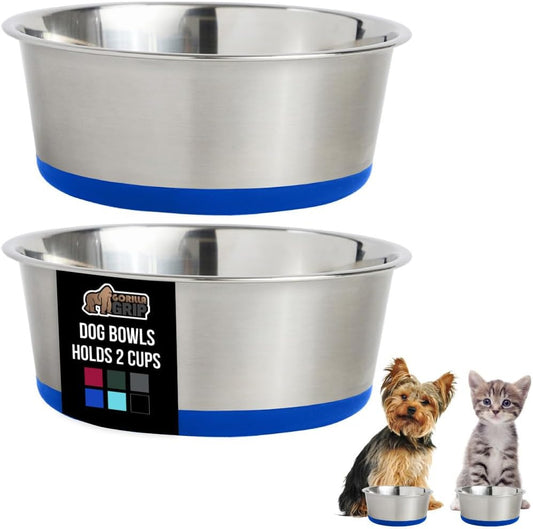 GORILLA GRIP Set of 2 Dog Bowls, Heavy Duty Metal Food and Water Bowl for Feeding Dogs and Cats, Dishwasher Safe, Rust Resistant Stainless Steel, BPA Free Rubber Base, Holds 2 Cups (16 fl oz), Blue