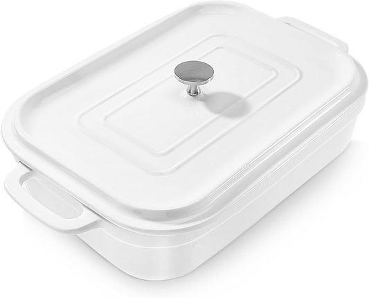 Casserole Dish,Large Baking Dish Cookware,Deep Lasagna Pan for Oven,Ceramic Bakeware for Baking, Easy to Clean (White, 5 Quart,With Lid)