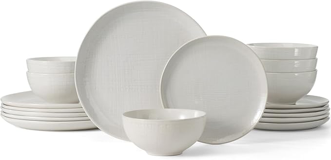Famiware Moonlight Plates and Bowls Sets, 18 Pieces Stoneware Dinnerware Sets with Linen Finish, Handmade Dishware set for 6, Microwave and Dishwasher Safe, Scratch Resistant Tableware, White
