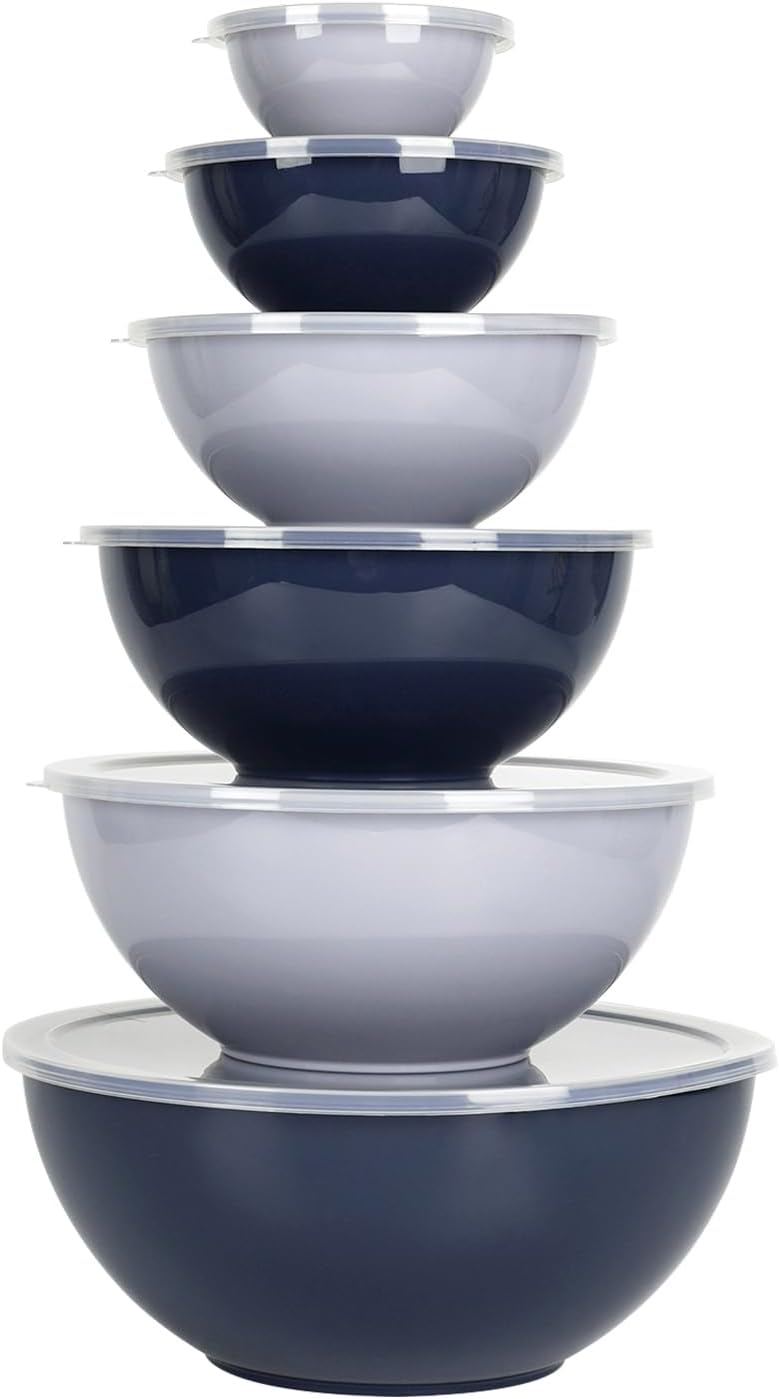 BoxedHome BPA Free Plastic Round Mixing Bowl with Lids, 12 Pack Nesting Bowls with Lids Set, Microwave and Dishwasher Safe Prep & Serving Bowls Great for Mixing, Baking, Serving (Haze Blue, 12pcs)