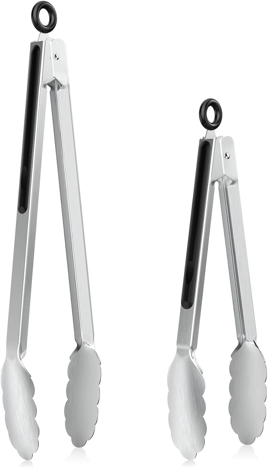 NileHome Tongs for Cooking, Professional Stainless Steel Cooking Tongs – Heat-Resistant for Grilling, BBQ, Serving Salad, Pasta, and Kitchen Use, Dishwasher Safe, Set of 9" 12", Silver