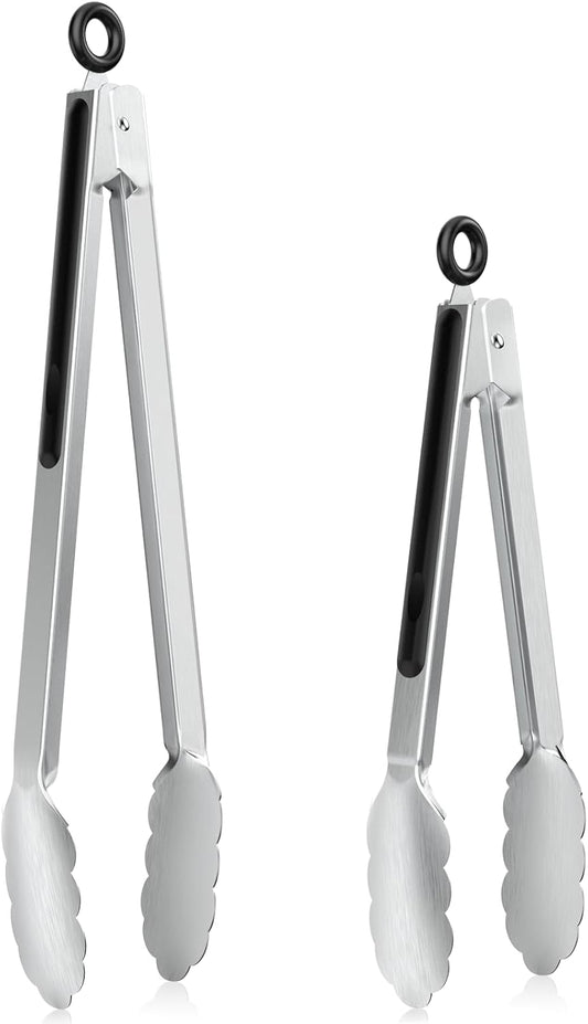NileHome Tongs for Cooking, Professional Stainless Steel Cooking Tongs – Heat-Resistant for Grilling, BBQ, Serving Salad, Pasta, and Kitchen Use, Dishwasher Safe, Set of 9" 12", Silver