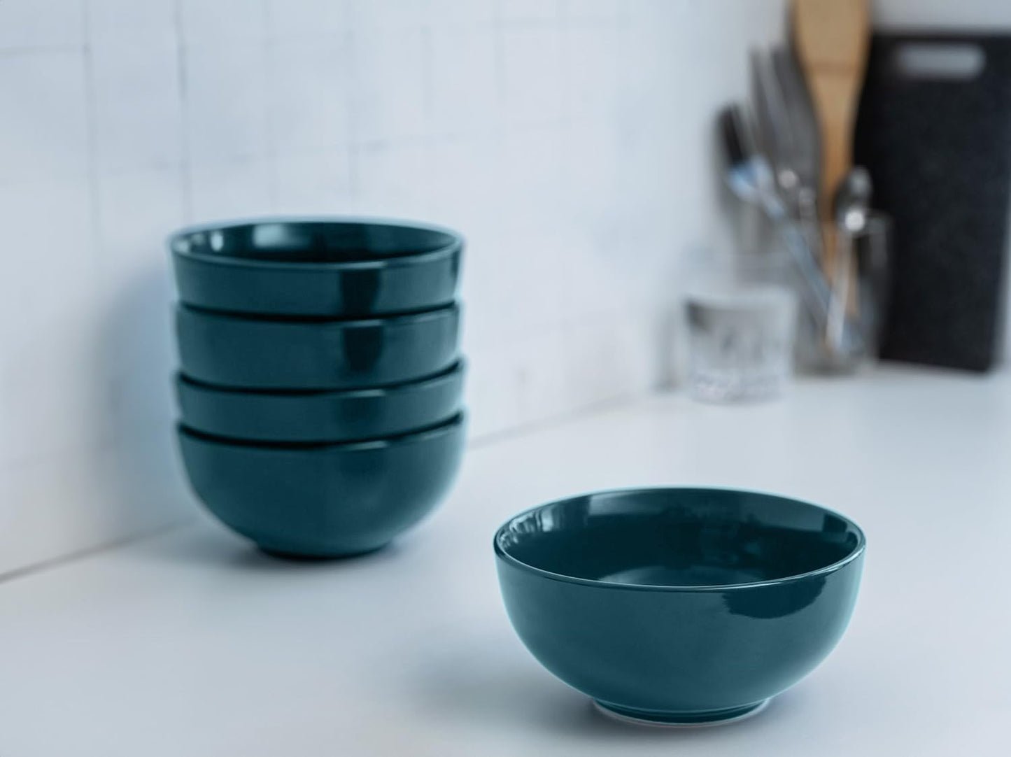 KooK Soup Bowls, Cereal Bowl, Ceramic, Bowls for Kitchen, Microwave, Dishwasher and Freezer Safe, Porcelain Dishes for Pasta, Salad, Oatmeal, Deep Interior, 20 oz, Set of 6, (Teal)