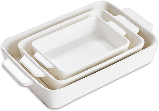 Ceramic Bakeware Set, 13"/10"/7.6" Rectangular Porcelain Baking Dishes for Kitchen, Lasagna Pans with Handle for Cooking, Baking Pan Deep Casserole Dishes for Baking, Set of 3 White