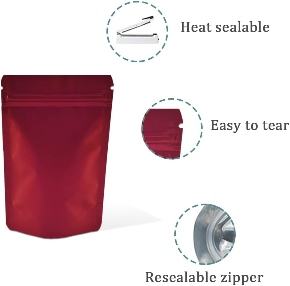 PABCK 50 Pieces 4.3x6.3 inch(Inside Size 3.5x3.9 inch) Stand-Up Resealable Heat Seal Bags 3.55mil Thick Frosted Red Foil Sealed Bags for Zip Packaging Lock Food Storage Pouch