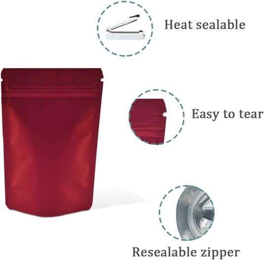 PABCK Stand-Up Resealable Heat Seal Bags 3.55mil Thick Frosted Red Foil Sealed Bags 50 Pieces 3.35x5.1 inch for Zip Packaging Lock Food Storage Pouch