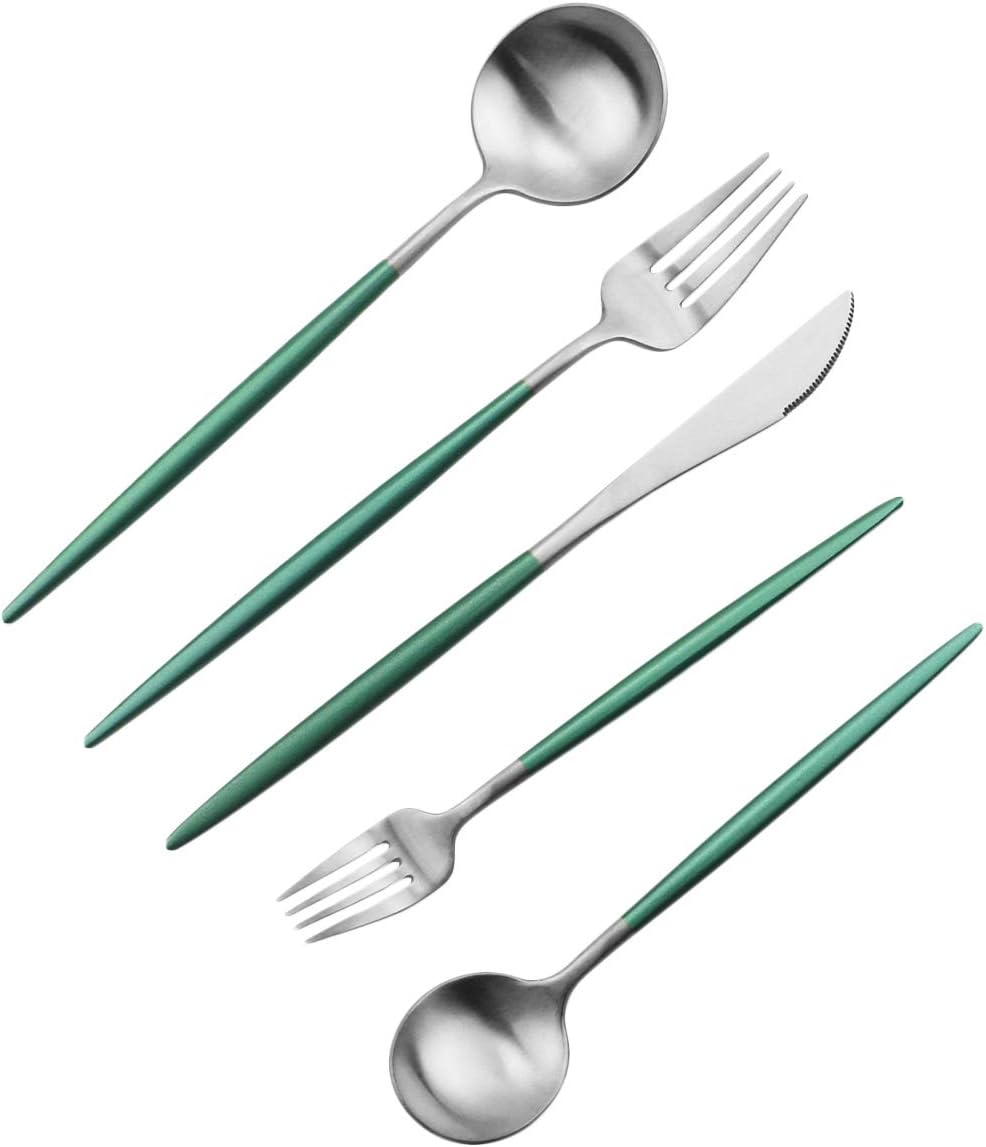 Gugrida Luxury Flatware, Royal 20 Piece Matte White Handle 18/10 Stainless Steel Tableware Sets for 4 Including Forks Spoons Knives, Camping Silverware Travel Utensils Set Cutlery (Green Silver)