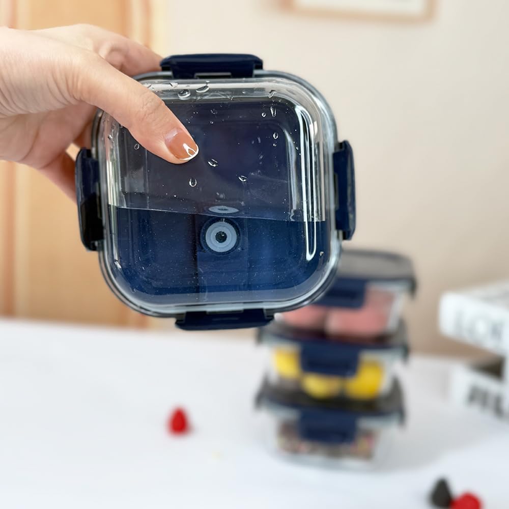 Square Glass Food Storage Containers With Lids，2 Cup Square Glass Containers With Lids, Small Food Containers, 16 oz Leak-proof lunch Bowls, Dishwasher Microwave Freezer Safe -(Dark Blue)