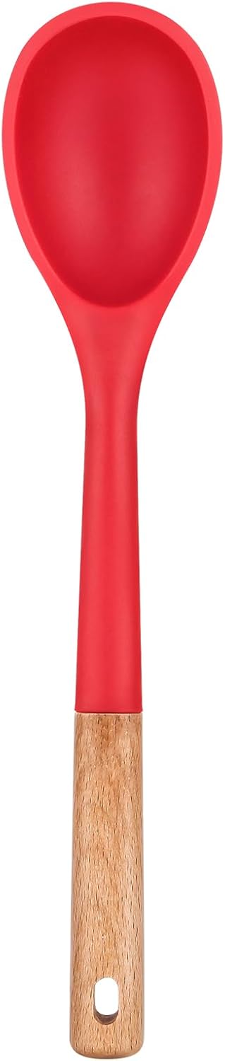 Large Silicone Cooking Spoons, Nonstick Solid Wooden Handle Spoon, Heat Resistan Silicone Kitchen Spoons for Cooking, Serving, Basting, Mixing, 13.2inch (RED)