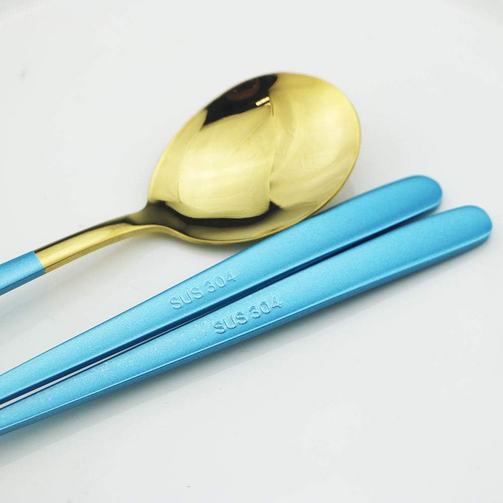 JASHII 20-Piece Silverware Set with Serving Utensils, SUS304 Stainless Steel Flatware Cutlery Set for 4, Eating Utensil Tableware Sets, Mirror Finish(Blue gold)