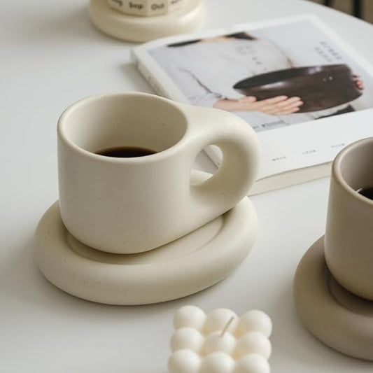 WENSHUO Chubby Funny Coffee Mug, Novelty Cute Cup and Saucer, Matte Crème, 9 oz (Matte Crème)