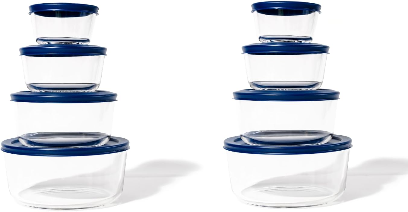 DURA LIVING 16-Piece Glass Food Storage Containers Set (8 Containers + 8 Lids) | Round, Nesting, Microwave & Dishwasher Safe | BPA-Free, Space-Saving | Blue Lids for Pantry & Kitchen Organization