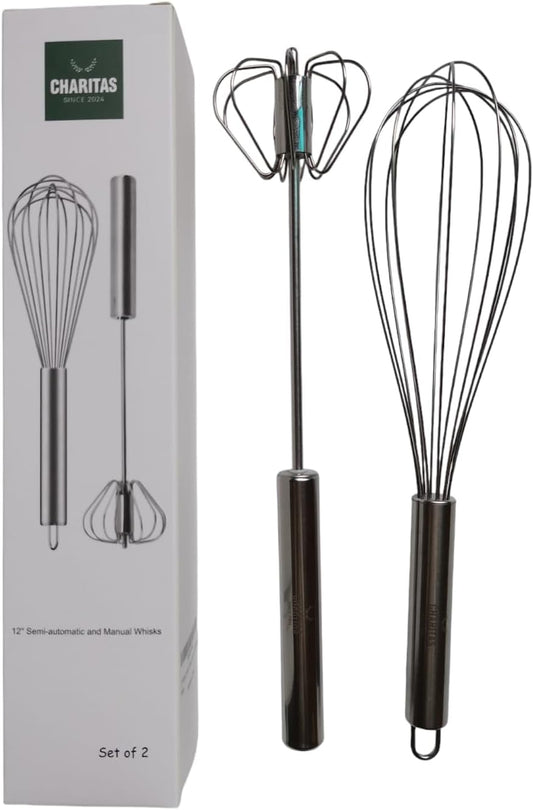 12'' Egg Whisk Combo - Stainless Steel Manual Balloon whisk and Semi-Automatic Whisk, Egg Beater, Hand Push Rotary - Mixing, Frothier, Stirring baking/beating eggs, Durable, Easy-Grip/Heat-Resistant.
