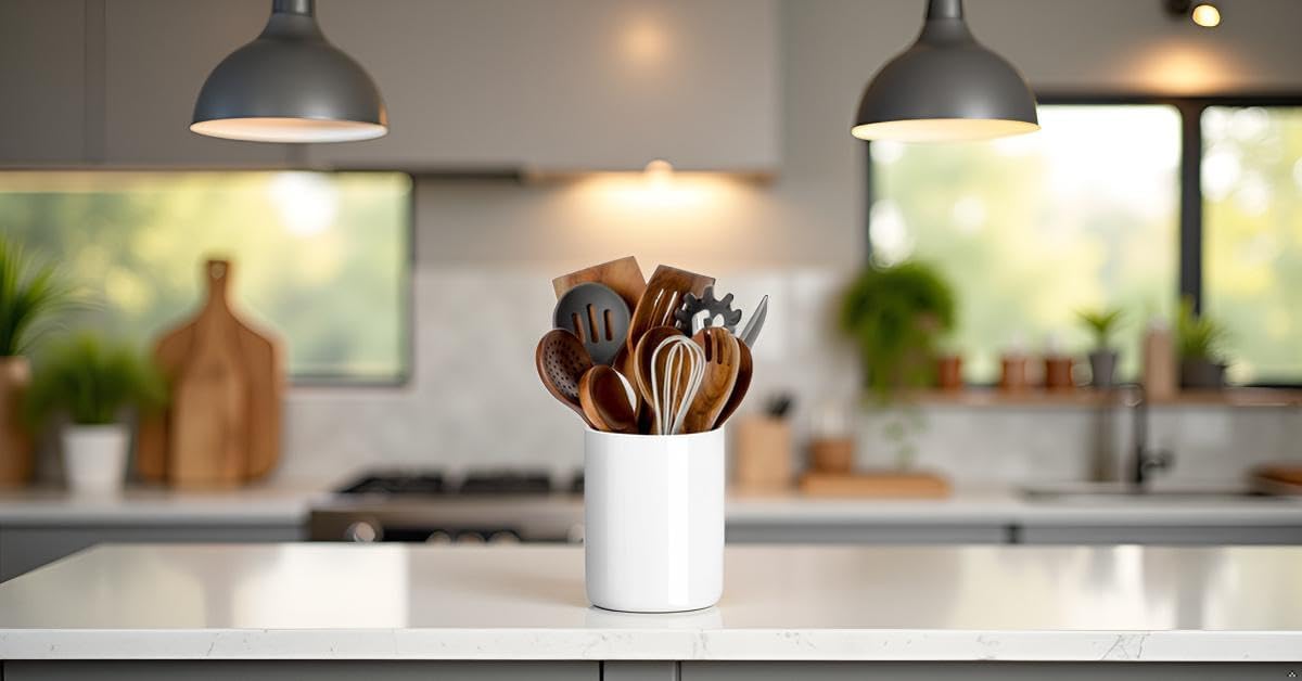 kitchen Utensil Crocks Large Utensil Crock, White Ceramic Cooking Utensil Organizer for Farmhouse Kitchen Decor Gift