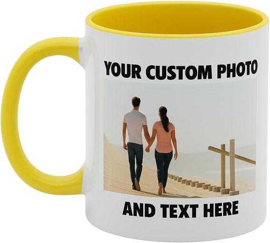 Personalized Coffee Mug | Custom Photo, Text, or Logo Cup (11oz, Yellow Rim, Inner, and Handle) |Dishwasher & Microwave Safe |Unique Gift for Men & Women –Taza Personalizada