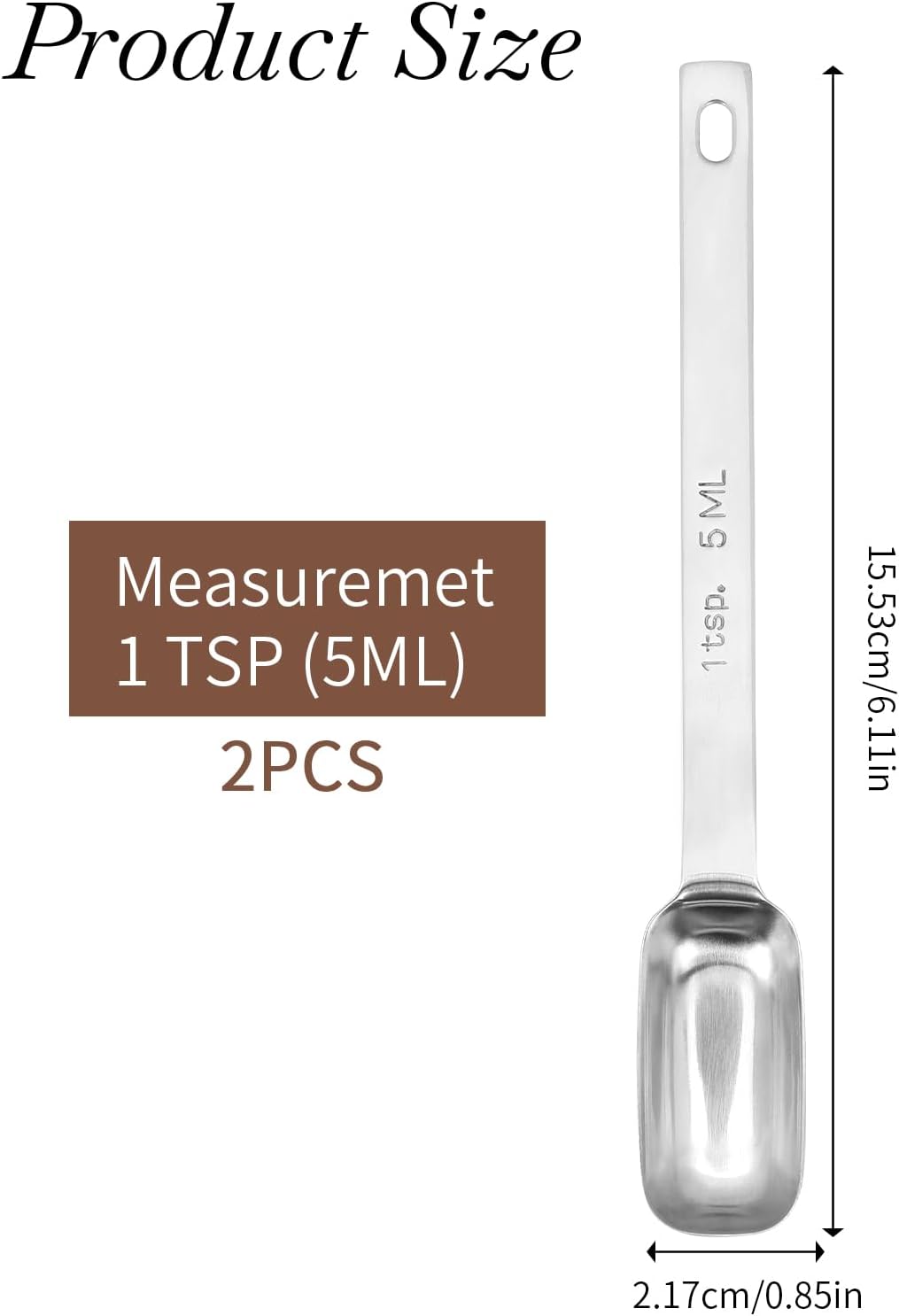 2Pcs 1 Teaspoon Stainless Steel Single Measuring Spoon 5 ML Teaspoon Rectangular Individual Measuring Spoons (1Tsp | 5 ML | 5 cc | 1/3 Tablespoon)