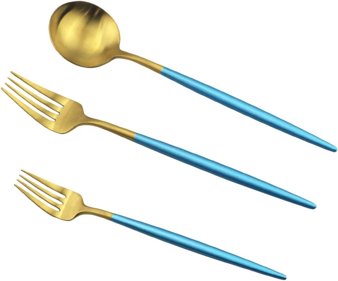 JASHII Silverware Sets, 20-Piece Flatware 18/10 Stainless Steel Heavy Weight Forged Cutlery Eating Utensils Forks Spoons Knives Set Tableware Service for 4 Matte Finished (Blue & Gold)
